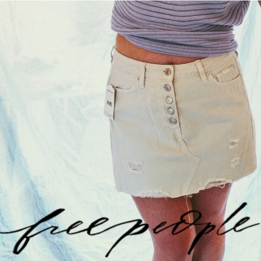 FREE PEOPLE Distressed A-Line Denim Mini Skirt In Ivory Size 29 NWOT
